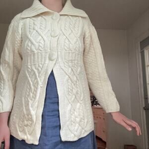 Aran Crafts Merino Wool Chunky Collar Cable Knit Irish Cardigan White Size L